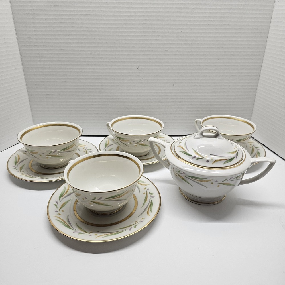 9 Peice Set-Royal Jackson Autumn Vtg Vogue Gold Trim Tea Cup Saucer & Sugar